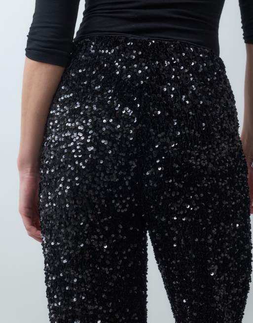 Vero Moda high waisted wide leg sequin trousers in black, 5 of 5
