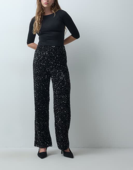 Vero Moda højtaljede bukser med brede ben og pailletter i sort, 2 af 5