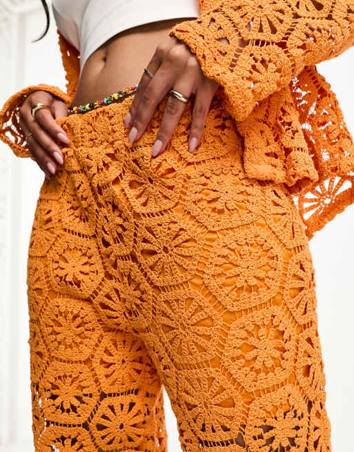 Vero Moda - Hæklede orange bukser med vidde - Del af sæt, 3 af 4