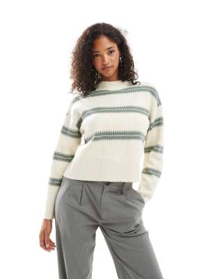 Vero Moda - Hochgeschlossener Pullover in Cremeweiß und Grün gestreift