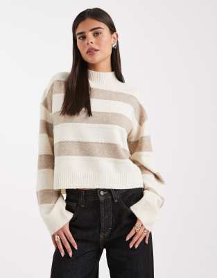 Vero Moda - Hochgeschlossener Pullover in Neutral mit breitem Streifenmuster
