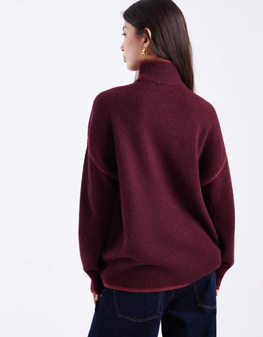 Vero Moda – Hochgeschlossener Strickpullover in Burgunderrot mit farblich abgesetzten Zierstreifen, 3 von 4