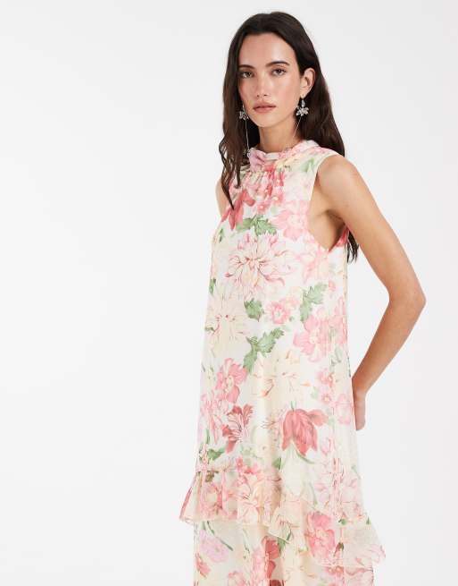 Vero Moda – Hochgeschlossenes, ärmelloses Maxikleid in Cremeweiß mit Rüschensaum und rosa Blumenmuster, 2 von 4