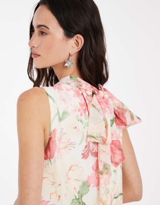 Vero Moda – Hochgeschlossenes, ärmelloses Maxikleid in Cremeweiß mit Rüschensaum und rosa Blumenmuster, 3 von 4