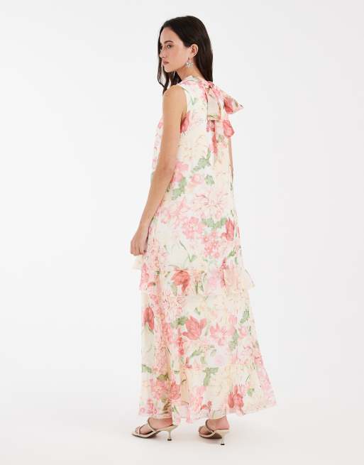 Vero Moda – Hochgeschlossenes, ärmelloses Maxikleid in Cremeweiß mit Rüschensaum und rosa Blumenmuster, 4 von 4