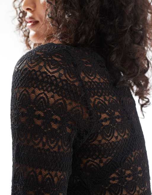 Vero Moda – Hochgeschlossenes Jersey-Oberteil in Schwarz mit Spitzen-Detail, 2 von 4