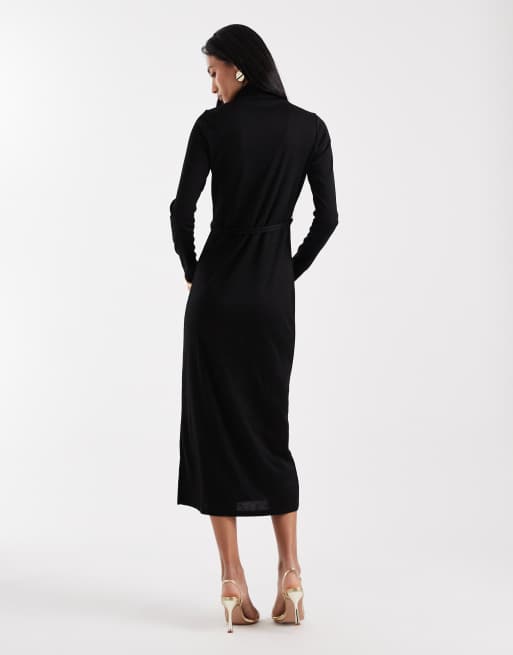 Vero Moda – Hochgeschlossenes, langärmliges Maxikleid in Schwarz mit Gürtel, 4 von 4