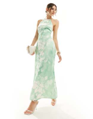 Vero Moda - Hochgeschlossenes Maxikleid in Grün mit Blumenmuster in Aquarell-Optik