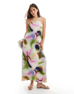 Vero Moda - Hochgeschlossenes plissiertes Maxikleid mit abstraktem Wirbelmuster-Bunt