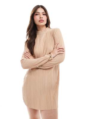 Vero Moda - Hochgeschlossenes, plissiertes Minikleid in Braun-Brown