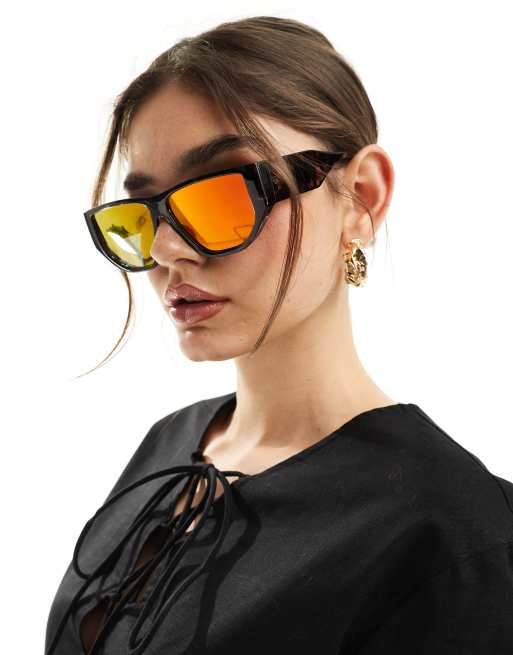 Vero Moda - Hoekige oversized zonnebril met zonsondergang gespiegelde glazen in tortoise