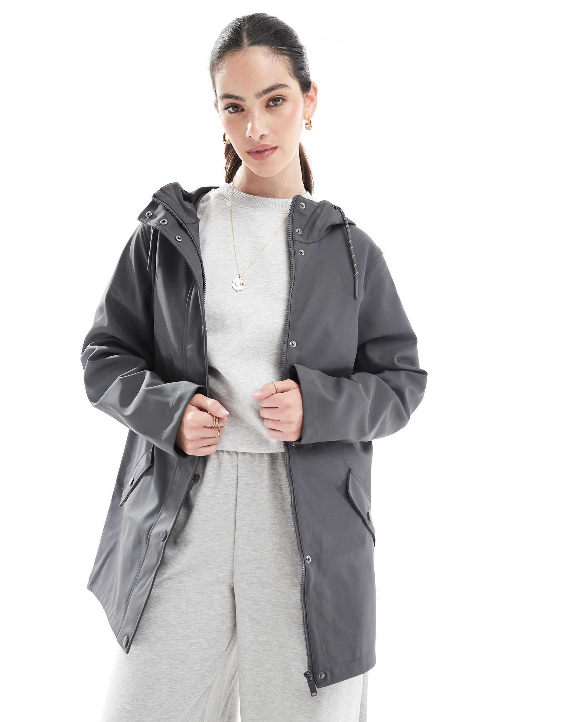 vero moda hooded rain jacket in asphalt