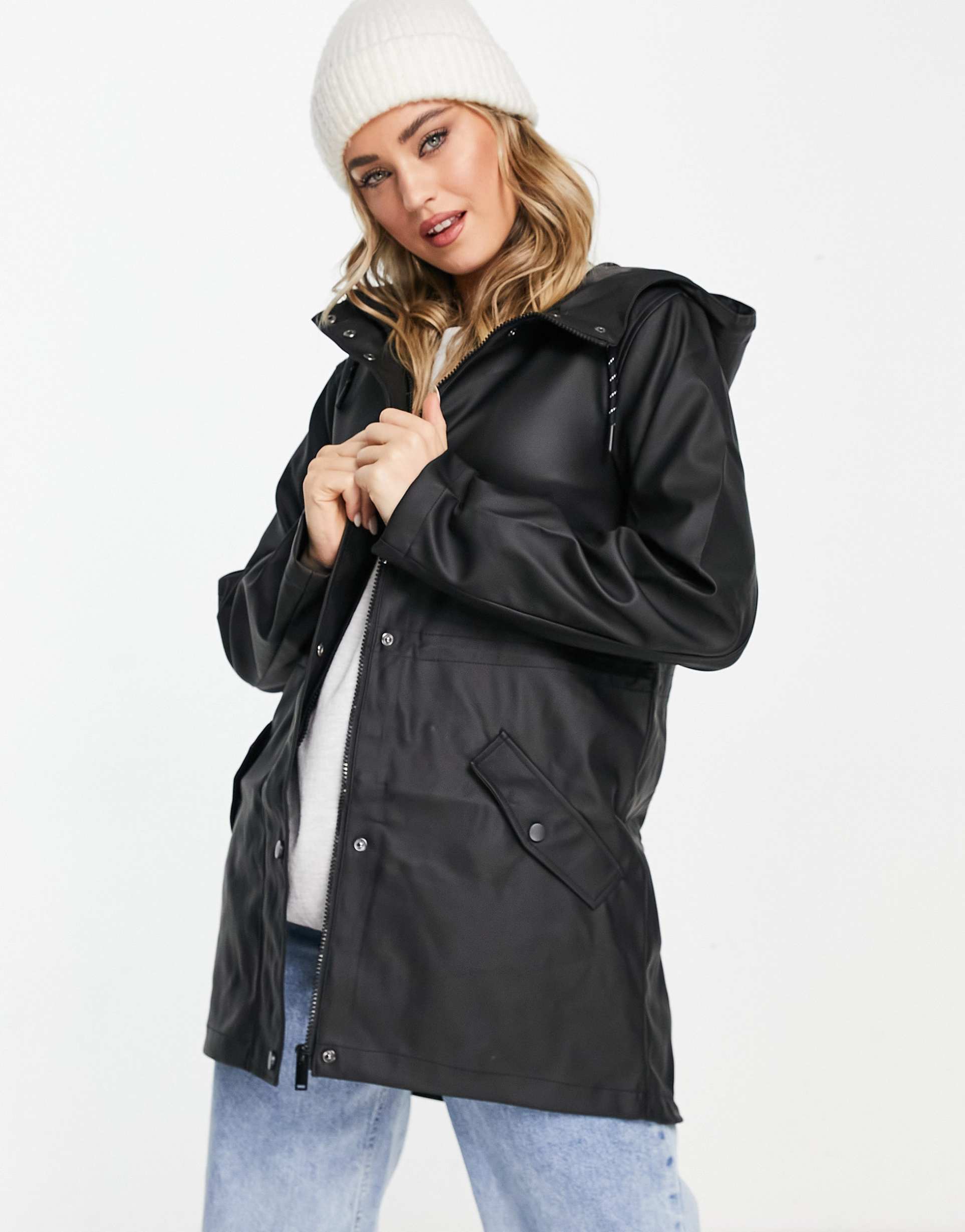 vero moda hooded rain jacket in black