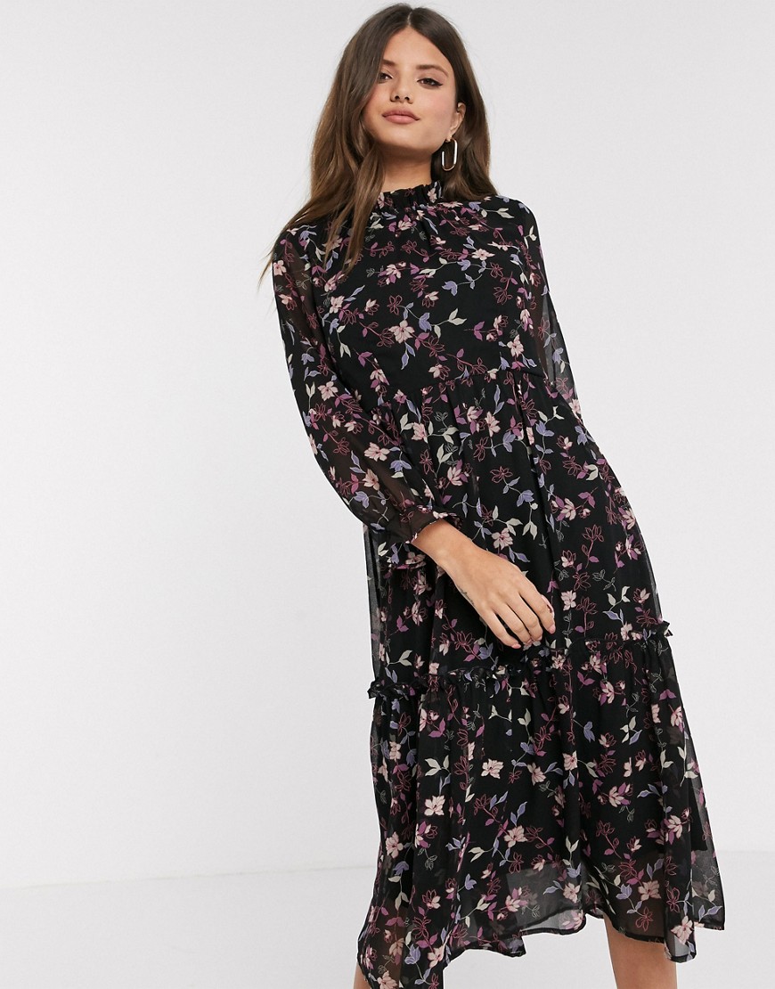 Vero Moda - Hoogsluitende gelaagde midi-jurk met paarse bloemenprint-Multi