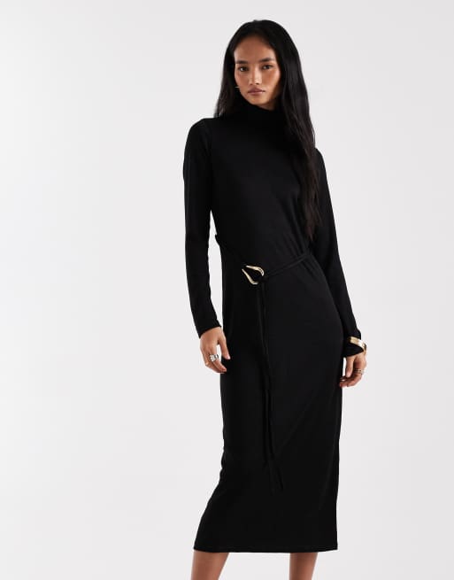 Vero Moda - Hoogsluitende maxi-jurk met lange mouwen en riem in zwart, 3 van 4