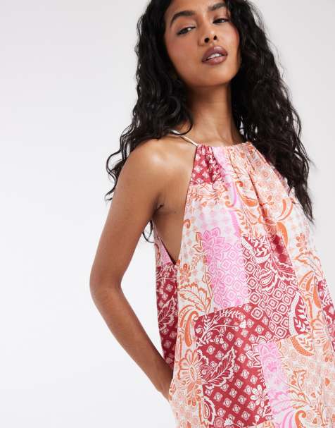 Vero Moda - Hoogsluitende midi jurk met A-lijn in roze paisley-patchworkprint - view 1