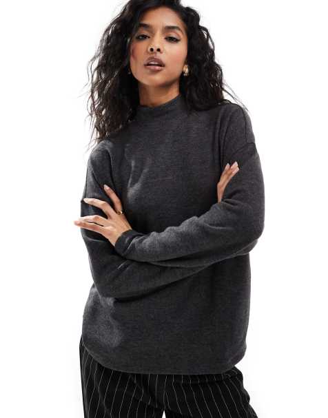 Vero Moda - Hoogsluitende oversized top van jersey in gemêleerd zwart - view 1