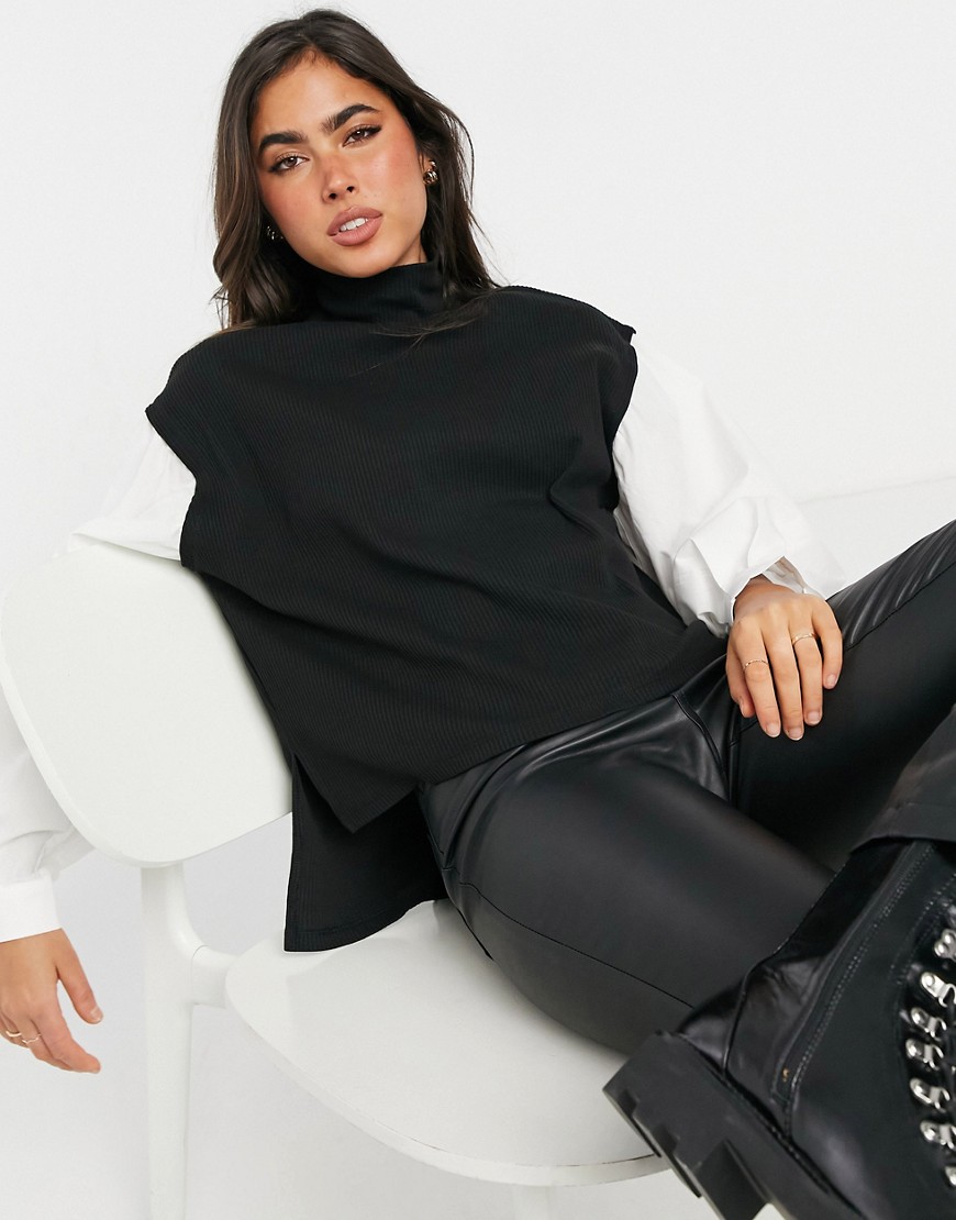Vero Moda - Hoogsluitende sweater met geweven mouwen in zwart-Multikleur