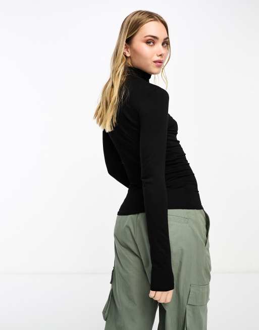 Vero Moda - Hoogsluitende top van gladde stof met lange mouwen in zwart, 4 van 4