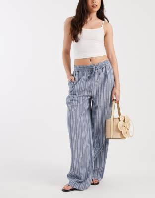 Hose aus Baumwoll-Seersucker in Blau gestreift mit Bindeband an der Taille und weitem Bein Blau XS