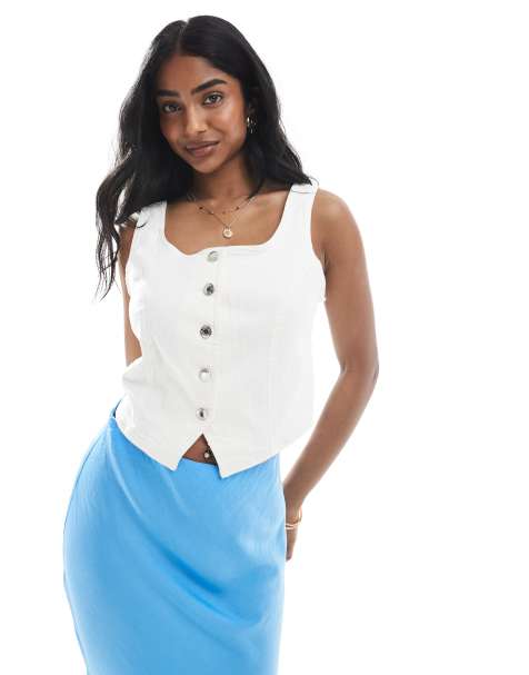 Vero Moda - Hvid korset-top i denim med knapper - view 1