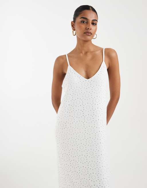 Vero Moda - Hvid midikjole i jersey med blomsterbroderi og cami-stropper, 2 af 4