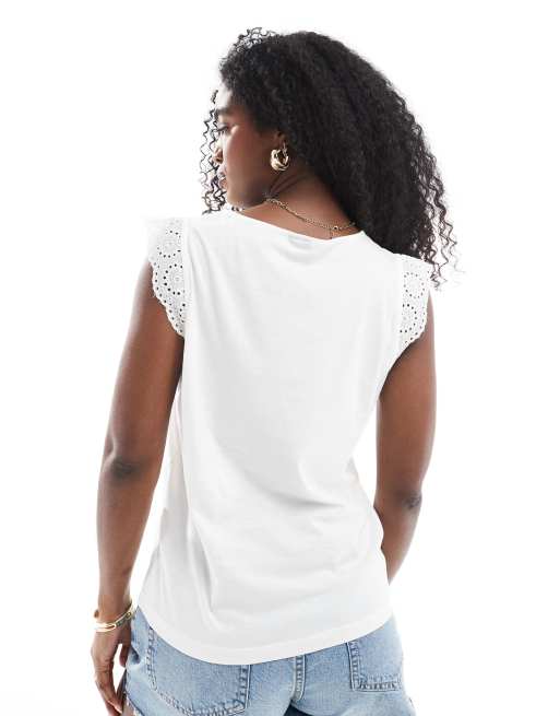 Vero Moda - Hvid og ærmeløs top i jersey med broderikant, 3 af 4