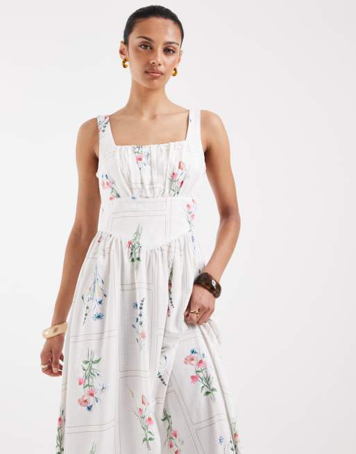 Vero Moda - Hvid ærmeløs milkmaid-kjole i midilængde med print med vilde blomster, 3 af 4