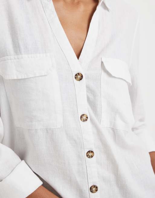 Vero Moda - Hvid skjorte i hørmateriale med lommer foran i utility-stil, 3 af 4