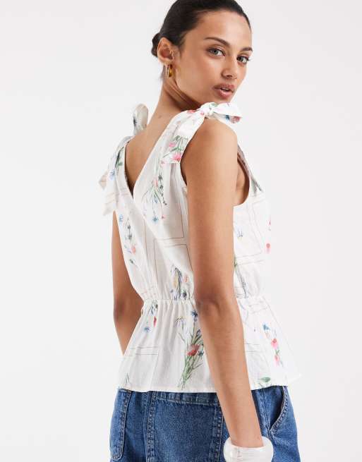 Vero Moda - Hvid top med bindebånd på skuldrene, peplum-kant og blomstermønster, 4 af 4