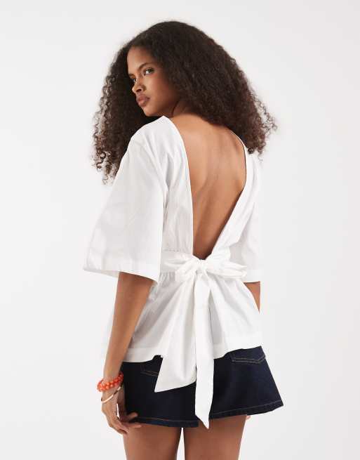 Vero Moda - Hvid top med lav ryg med sløjfedetalje i poplin, 4 af 4