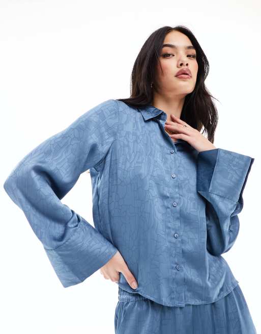 Vero Moda jacquard shirt with wide cuff in calm powder blue - part of a set