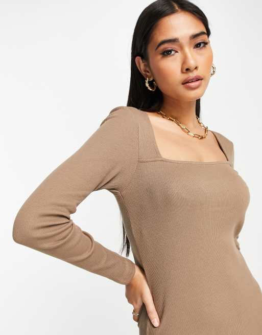 Vero Moda – Jasnobrązowa sukienka midi z kwadratowym dekoltem, 3 z 4