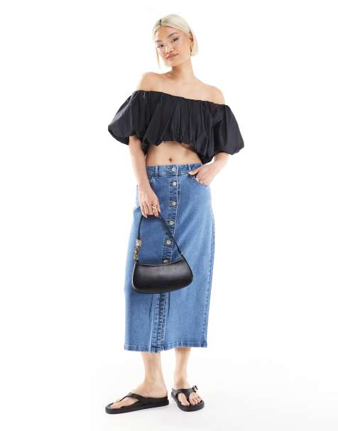 Vero Moda – Jasnoniebieska jeansowa spódnica midi z zapięciem na guziki z przodu - view 1