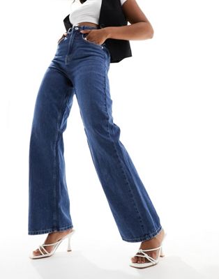 Vero Moda wide leg jeans with rose print in dark blue denim - ASOS Price Checker