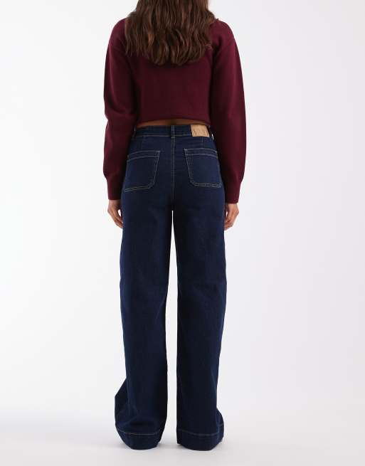 Vero Moda jean taille haute à jambe large avec détail de poche en denim bleu foncé, 2 de 5