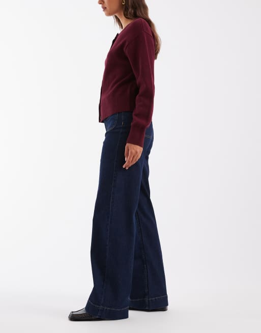 Vero Moda jean taille haute à jambe large avec détail de poche en denim bleu foncé, 3 de 5