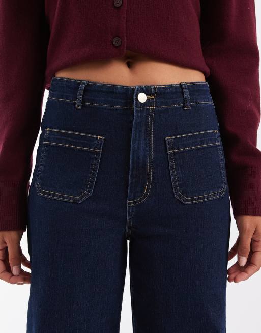 Vero Moda jean taille haute à jambe large avec détail de poche en denim bleu foncé, 5 de 5