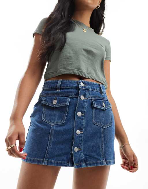 Vero Moda – Jeans-Minirock in mittelblauer Waschung mit durchgehender Knopfleiste