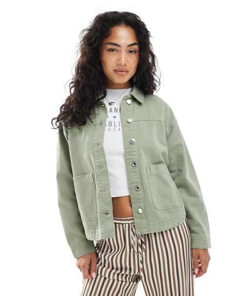 Vero Moda denim shacket with front pockets in washed khaki