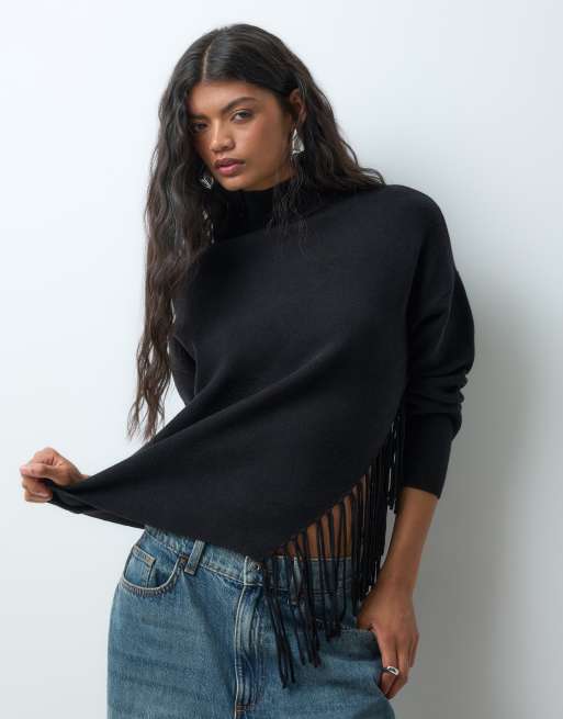 Vero Moda jersey de cuello alto con detalle de bajo con flecos en negro, 2 de 5