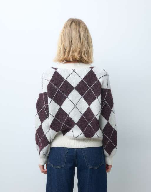 Vero Moda jersey de punto oversize de rombos en burdeos y crema, 4 de 4