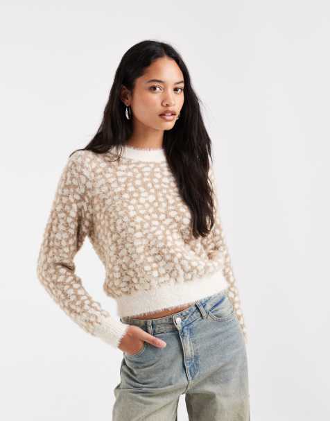 Vero Moda - jersey de punto suave y mullido con estampado de ciervo en crema jaspeado - view 1