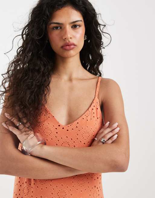 Vero Moda jersey floral broderie cami midi dress in orange, 3 of 4