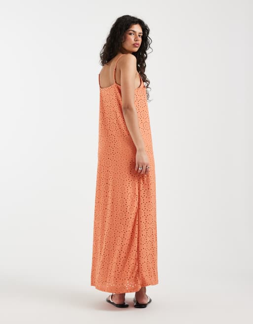 Vero Moda jersey floral broderie cami midi dress in orange, 4 of 4