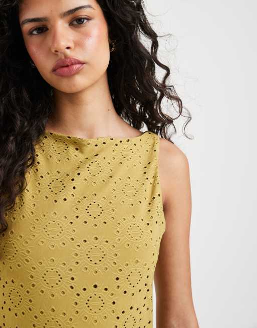 Vero Moda jersey floral broderie sleeveless mini dress in willow green, 3 of 4