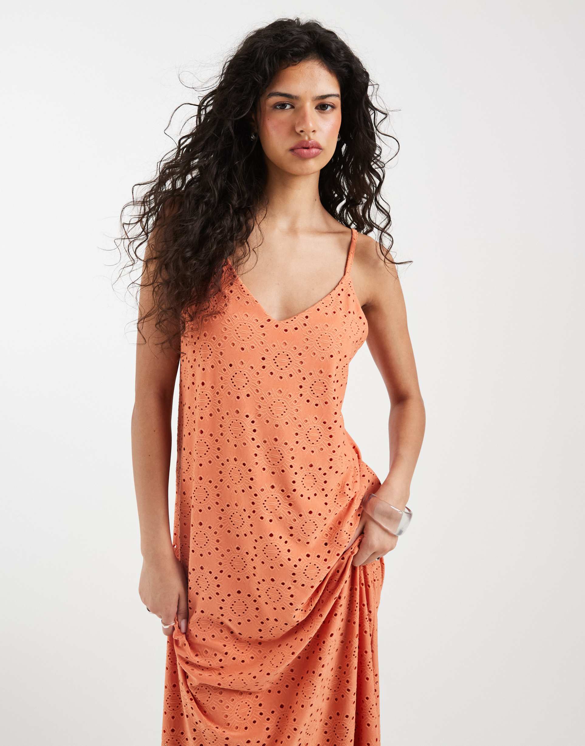 vero moda jersey floral eyelet cami midaxi dress in orange