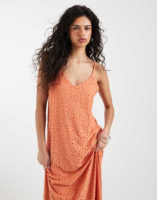 Vero Moda jersey floral eyelet cami midaxi dress in orange