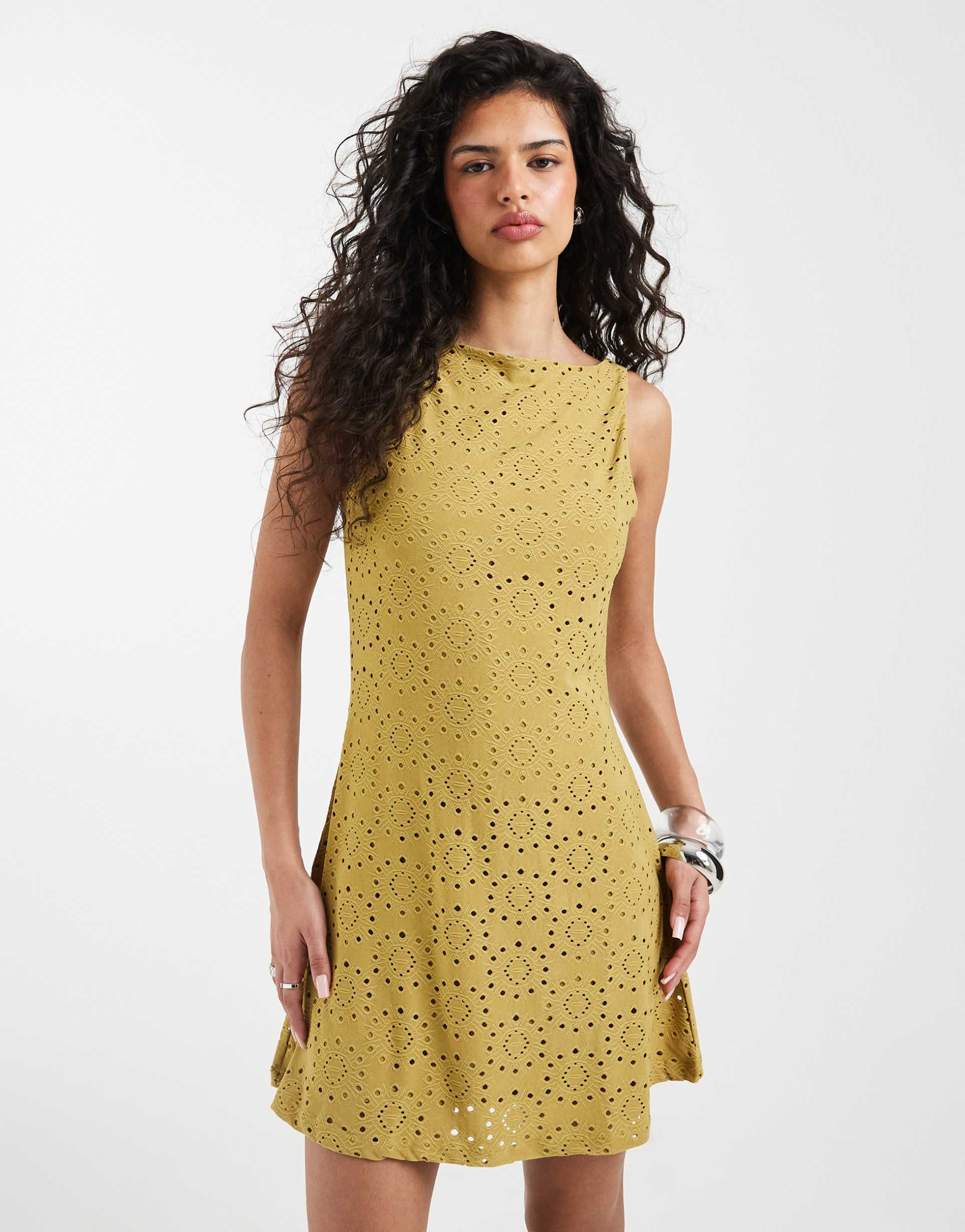vero moda jersey floral eyelet sleeveless mini dress in willow green