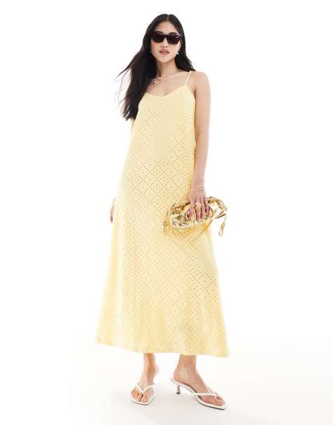 Vero Moda – Jersey-Maxikleid in Gelb mit V-Ausschnitt und Lochstickerei - view 1